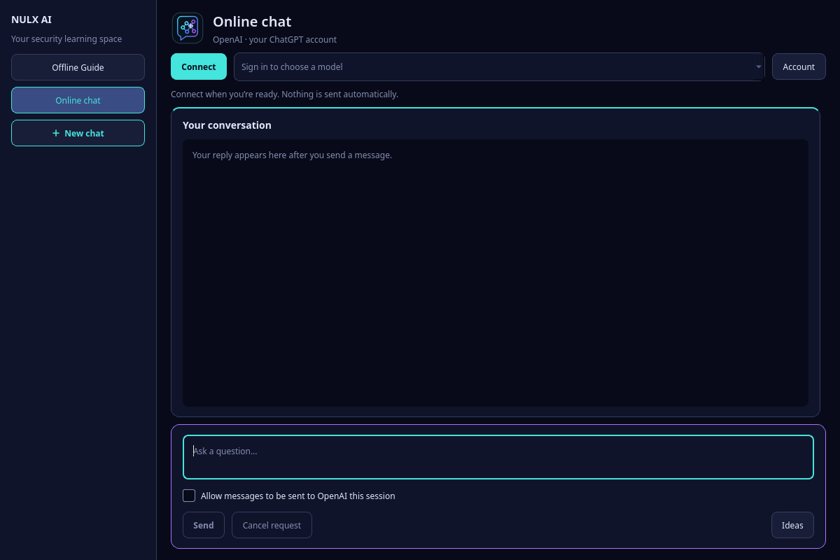 Nulx AI online chat with a large conversation area and account controls in the same window, signed out