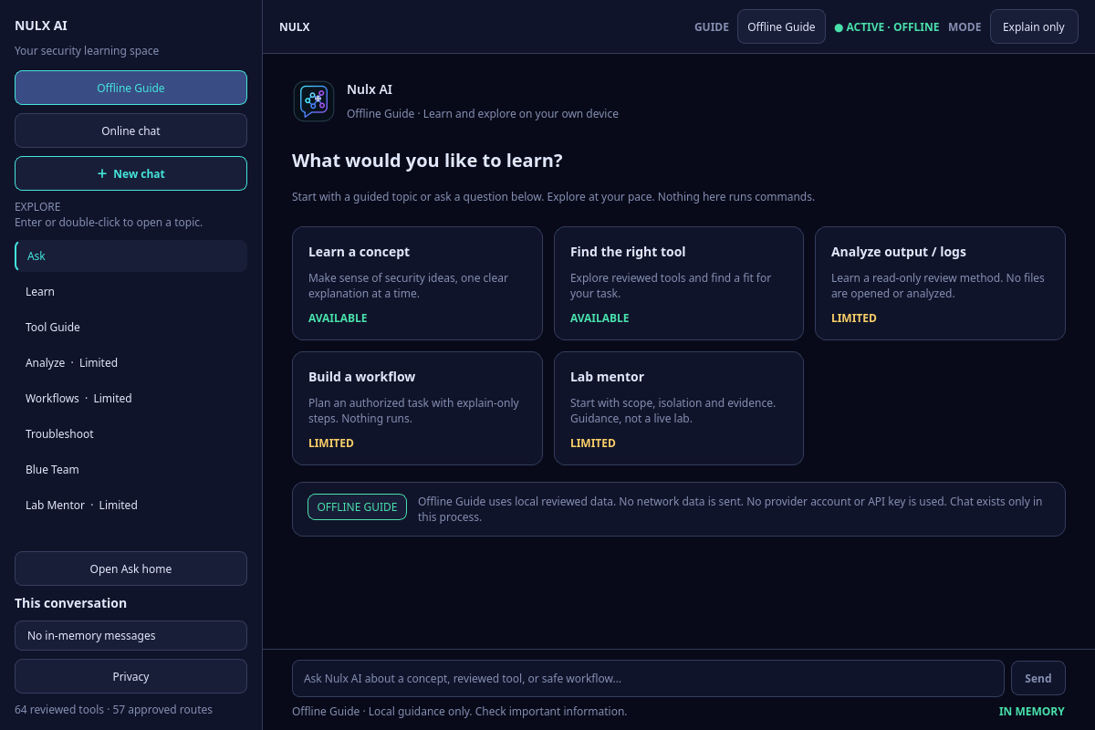 Nulx AI Offline Guide with learning topics, tool guidance, and a question field